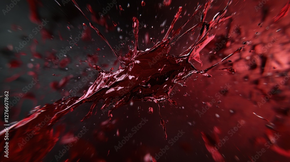 Poster dynamic red liquid splashing against dark background