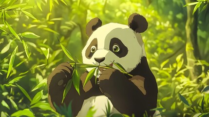 Cute anime panda eating bamboo peaceful forest gentle