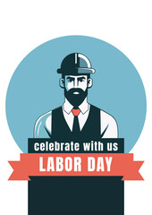 Celebrate Labor Day with Us: Worker in Hard Hat and Uniform – Vector Illustration