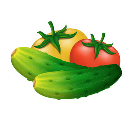 Cucumbers and tomatoes. Vector 3D clipart isolated on white background.