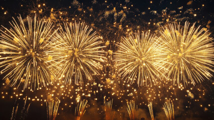 Stunning Display of Bright Golden Fireworks Illuminating the Night Sky with Sparkling Trails and Explosions, Creating a Festive Atmosphere for Celebrations and Events