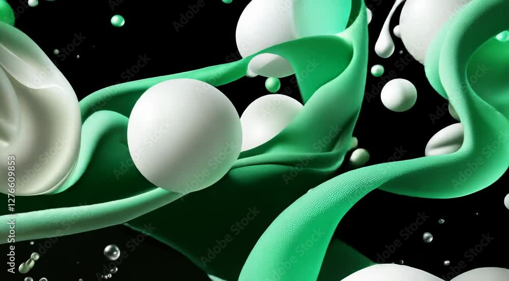 Aufkleber dynamic composition of flowing green and white fabric waves intertwined with glossy spheres, creatin