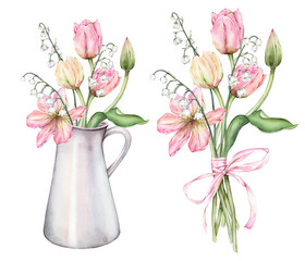 Pastel multi-colored bud bouquet Tulips and lily of the valley in metal can watercolor illustration isolated on background. Hand drawn Bouquet of tulips with bow yellow purple flower for spring card.