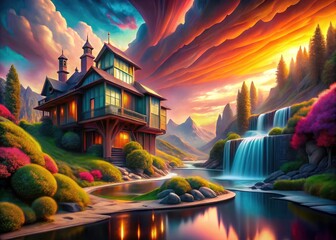 Fototapeta premium Abstract, surreal digital art; a fantastical, psychedelic landscape blending ethereal photography and imaginative scene.