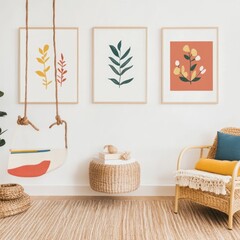 Modern Nursery Decor Bohemian Style Wall Art Prints Rattan Chair Swing