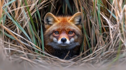 Obraz premium Alert Fox Peering Through Tall Grass in a Natural Habitat Setting