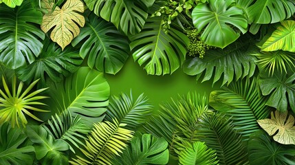 Lush Green Tropical Leaves Creating a Vibrant Background with Varied Textures and Shades of Green