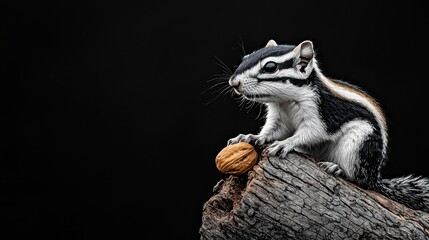 Fototapeta premium Cute Chipmunk Sitting on Log with Nut against Dark Background