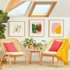Modern Minimalist Living Room Interior with Rattan Chairs Abstract Art and Plants