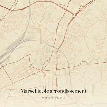 Vintage map of Marseille, 4e arrondissement, France.
