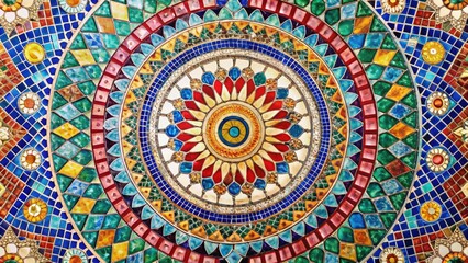A colorful, intricate geometric mosaic design forms a circular mandala, a vibrant tile pattern in abstract art.