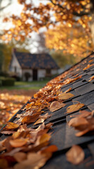 Autumn leaves scattered on a roof gutter during fall season - vertical format