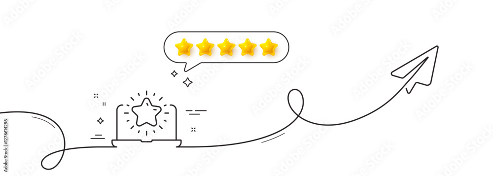 Poster best laptop line icon. continuous line with share plane. notebook with star sign. computer top revie