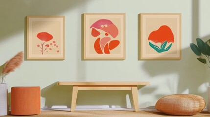 Modern Abstract Floral Wall Art Prints Mid Century Home Decor Orange Teal Artwork