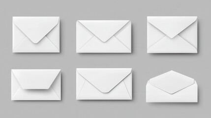 Collection of six blank white envelopes in various arrangements on grey background