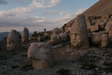 Giant God heads on Mount Nemrut. Anatolia, Turkey. Ancient colossal stone statues representing legendary mythological figures