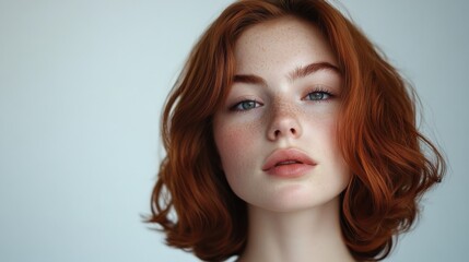 Naklejka premium Stunning Portrait of a Young Woman with Curly Red Hair and Freckles Against a Soft Background