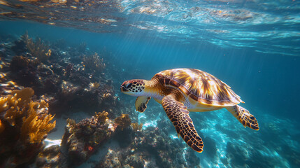 Obraz premium Majestic sea turtle swimming in pristine coral reef under sunlit ocean waters.