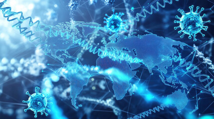 Futuristic world map, glowing blue connection lines ,stylized 3D virus particles and DNA  floating transparent holographic screens with data streams, scientists collaborating virtually