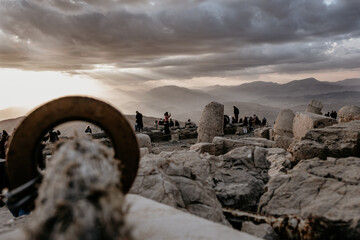 Giant God heads on Mount Nemrut. Anatolia, Turkey. Ancient colossal stone statues representing legendary mythological figures