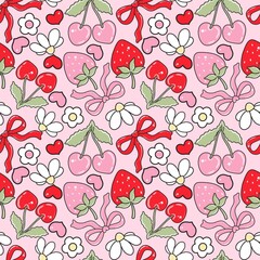 Sweet Cherry Love – Romantic Seamless Pattern with Strawberries, Cherries, Bows, Hearts, and Daisies in Cute Kawaii Aesthetic.