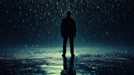 Obraz premium A solitary figure stands in the rain, illuminated by ethereal lights, evoking a sense of solitude, introspection, and the beauty of nature’s elements in a dramatic and cinematic atmosphere.