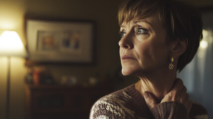 Beautiful middle age woman in a dim lit house grabbing her own neck throat worried upset emotional uncomfortable symptoms 