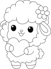 Cute sheep holding the heart, Valentine's coloring page