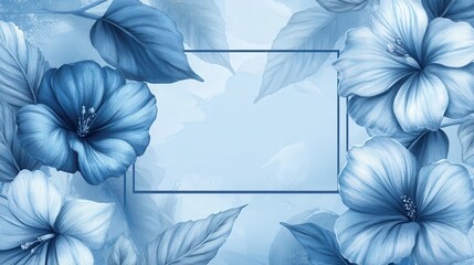 Elegant blue floral frame with hibiscus and leaves in artful arrangement