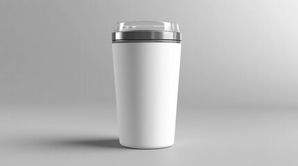 Minimalist white tumbler with clear lid on gray background