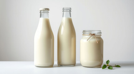 A glass bottle of milk is on a table next to some leaves