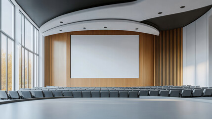 large auditorium mockup with blank white screen, corporate style minimalist interior of auditorium.