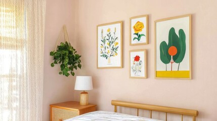 Bedroom Decor Botanical Prints Hanging Plant Light Pink Walls Wooden Bed Frame Cozy Interior Design