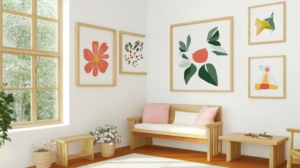 Modern Minimalist Living Room Interior Design with Wooden Bench Floral Art Prints and Natural Light