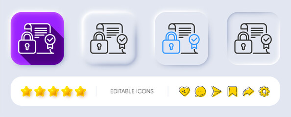 Security contract line icon. Neumorphic, Flat shadow, 3d buttons. Cyber defence lock sign. Private protection symbol. Line security contract icon. Social media icons. Vector
