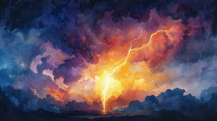 Vibrant watercolor painting of a stormy night sky with lightning striking the ground. The colors are intense purples, oranges, and yellows, creating a dramatic and energetic atmosphere.