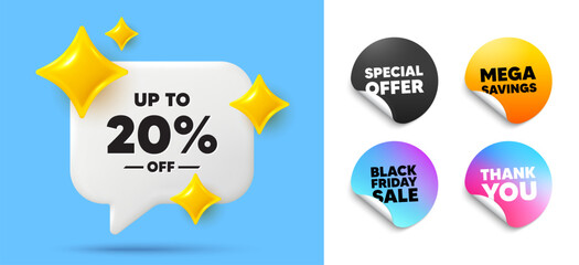 Discount tag speech bubble, sticker tags. Offer, Black friday stickers. Up to 20 percent off sale. Discount offer price sign. Special offer symbol. Save 20 percentages. Thank you tag. Vector