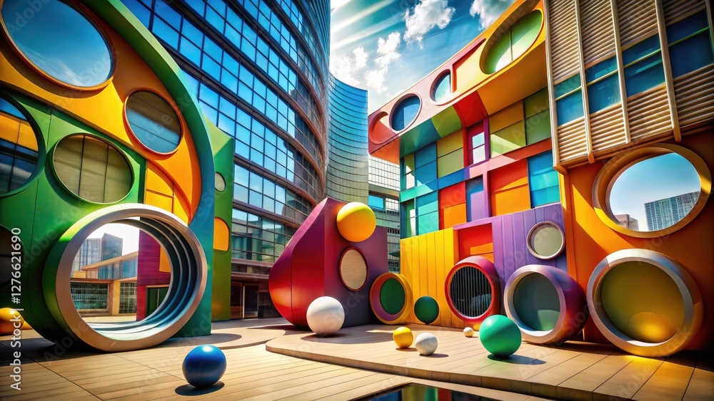Poster architectural 3d photography: playful interplay of round and square forms. abstract and intriguing.
