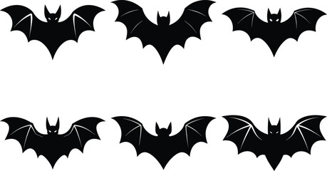 flying black bats icon silhouettes, spooky bat silhouette set