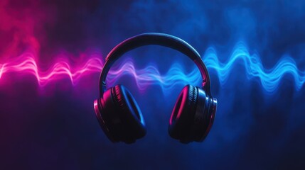 A pair of headphones sit in front of a blue and pink sound wave, seemingly ready to play music,Isolated headphones deliver crisp audio for listening enjoyment