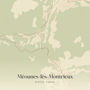 Vintage map of M&eacute;ounes-l&egrave;s-Montrieux, France.