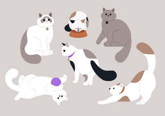 A lively assortment of six distinct cats engaged in various playful activities, capturing the essence of feline charm and individuality against a soft background