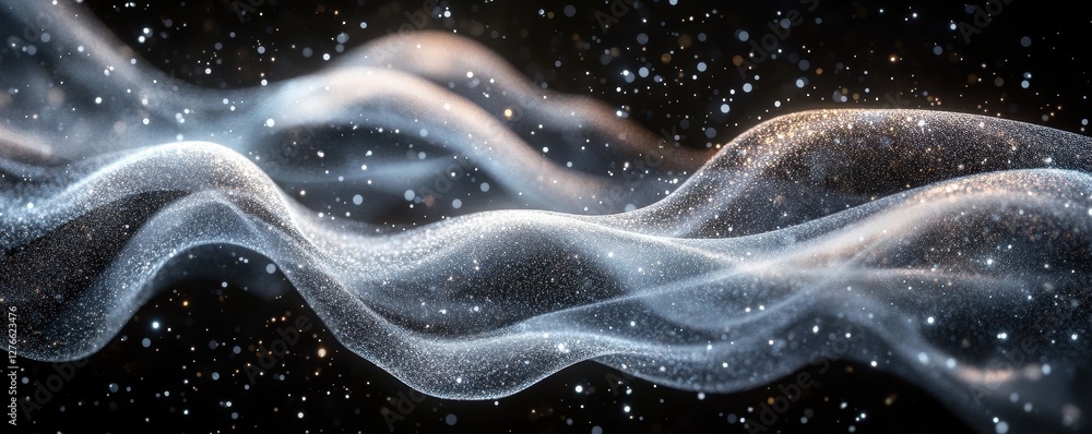 Poster flowing abstract waves with sparkling particles in dark cosmic space
