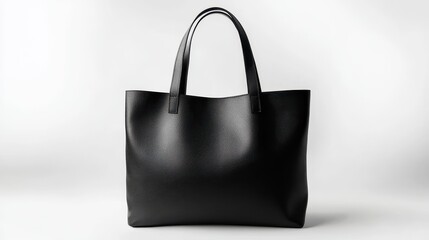 Elegant black leather tote bag with minimalist design on white background