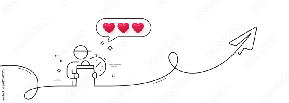 Poster delivery man line icon. continuous line with share plane. express courier sign. order delivery symbo