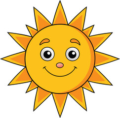 Sun cartoon smiling vector illustration, cute, happy, cheerful, summer, bright, character, sunbeam, sunny, adorable, happiness, nature, warm, energy, joyful.