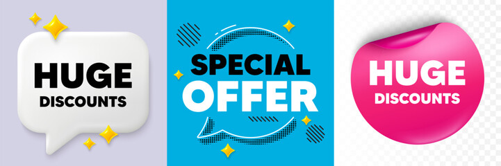 Huge discounts speech bubble. 3d sparkles chat, Paper sticker. Huge Discounts tag. Special offer price sign. Advertising Sale symbol. Special offer bubble. Halftone dots pattern. Vector