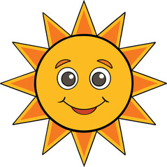 Sun cartoon smiling vector illustration, cute, happy, cheerful, summer, bright, character, sunbeam, sunny, adorable, happiness, nature, warm, energy, joyful.