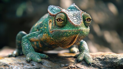 Colorful chameleon resting on a rock in sunlit habitat
