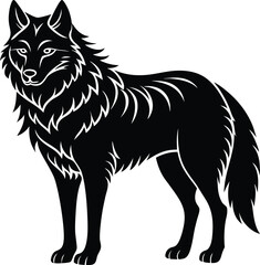 Wolf silhouette vector illustration, perfect for wildlife designs, tattoos, logos, t-shirts, and nature-themed artwork. High-quality isolated wolf vector for creative projects.